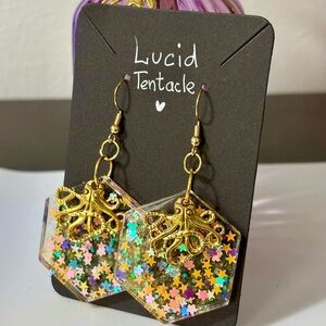 Lucid Tentacle Octopus Earrings, Handmade Resin Hexagon Earrings, Ocean Jewelry